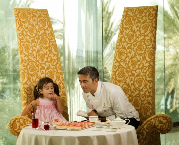 Maxime Luvara, Executive Chef at Burj Al Arab, enjoying Pink Afternoon Tea with his daughter