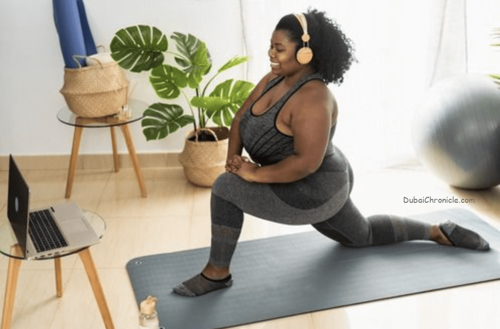 representation of a fat women doing yoga to lose weight, probably undergoing menopause.